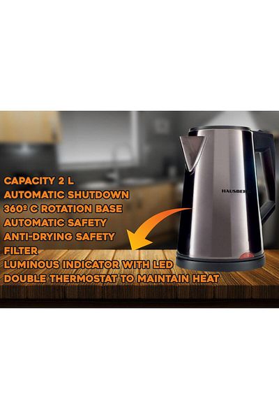 Hausberg Ηλεκτρικός βραστήρας HB-3620, 1800W, 2L, φίλτρο, αυτόματη απενεργοποίηση, LED, θερμοστάτης, ανοξείδωτο ατσάλι