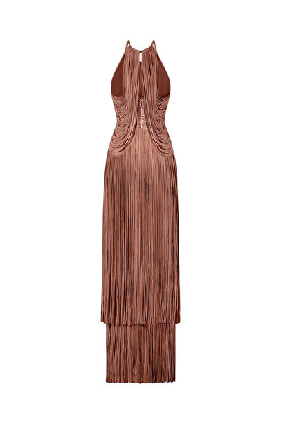 Herve Leger LONG ASYMMETRICAL DRESS WITH FRINGES - HERVE LEGER - BROWN, S