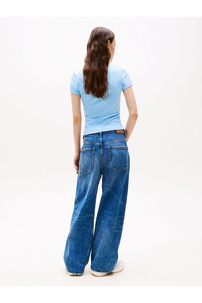 Tommy Hilfiger Women Light Powdery Blue Tonal Slim Badge Rib Short Sleeve T-Shirt