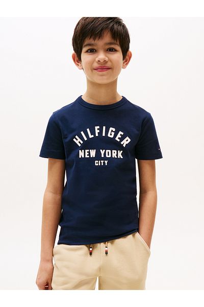 Tommy Hilfiger Boys Dark Night Navy Curved Hilfiger Graphic Print Short Sleeve T-Shirt