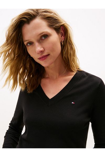 Tommy Hilfiger Women Black Co Jersey Fine Gg V-Neck Sweater