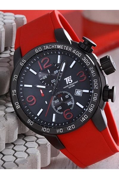 T5 Saat Men's Sports Watch - Red Silicone Band, Calendar & Chronograph - Waterproof