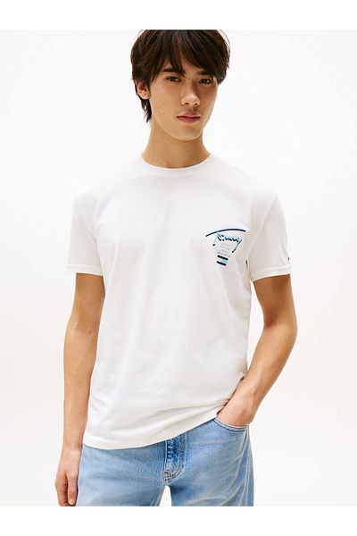 Tommy Hilfiger Tommy Hilfiger Men Ecru Regular Fit Signature Short Sleeve T-Shirt