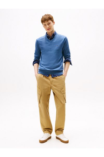 Tommy Hilfiger Men Petrol Blue Heather Essential Cotton V-Neck Sweater