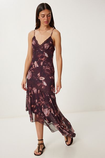 Lovelyİstanbul Patterned Strap Asymmetrical Tulle Dress Cherry Lub0120