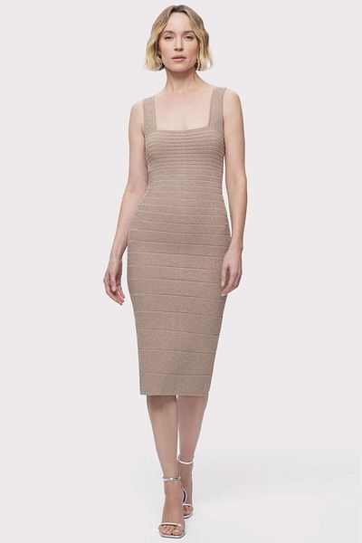 Herve Leger ROCHIE MIDI CU LUREX TEXTURAT ȘI GUT PĂTRAT - HERVE LEGER - CREM, M