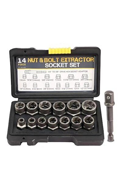 BiXXBi Screw and Nut Extractor Set, 14 Pieces, Chrome-Molybdenum, 1/4 to 3/8 Hex Adapter,