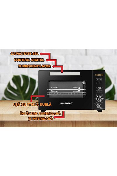Hausberg Digitální elektrická trouba s otočným rožněm a ventilátorem HB-9260, 1800 W, Turbo, 48 l, teplota 230 °C, černá