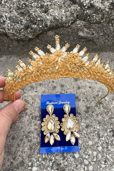 Hobigram Alyce Gold Bridal Henna Tiara Special Occasion Accessory Women's Tiara and Three Shuttle Earrings Set – Crown, Crystal Stone