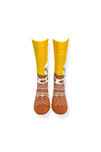 Mevo Single Unisex Flexible Sheep Patterned Yellow and Brown Colored Breathable Towel Socks