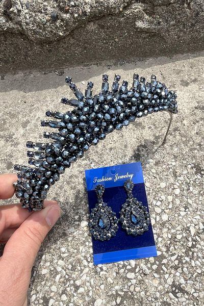 Hobigram Alyce Navy Blue Bridal Henna Crown Special Occasion Accessory Women's Crown and Drop Shuttle Earring Set