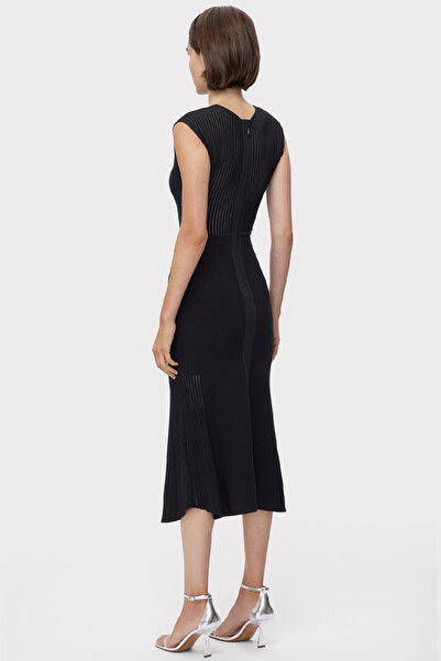 Herve Leger SHEER FLUTED STRIPE FLARE MIDI DRESS - HERVE LEGER - BLACK, S