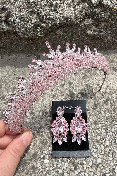 Hobigram Alyce Pink Bridal Henna Crown Special Occasion Accessory Women's Crown and Three Shuttle Earrings Set – Crown, Crystal Stone