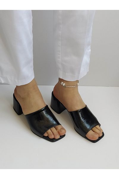 ERS Air Comfort Women's Black Patent Leather Genuine Leather Heeled Stylish Slippers Daily