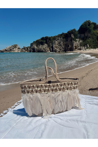 Madison Feather Shore Tüylü Hasır Çanta Ozel Tasarim El Yapımı