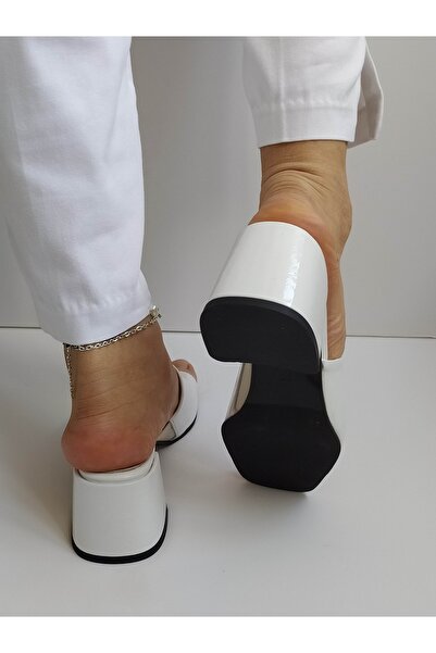 ERS Air Comfort Women's White Patent Leather Genuine Leather Heeled Stylish Slippers Daily