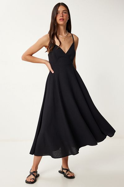 Lovelyİstanbul Rochie de vară din in, cu bretele, decoltată, NEGRU LFG0006