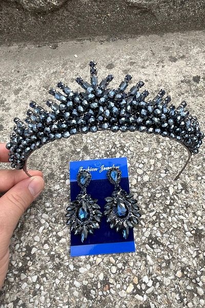 Hobigram Alyce Navy Blue Bridal Henna Crown Special Occasion Accessory Women's Crown and Wide Shuttle Earring Set