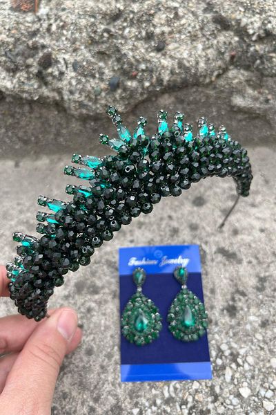 Hobigram Alyce Green Bridal Henna Crown Special Occasion Accessory Women's Crown and Drop Shuttle Earrings Set