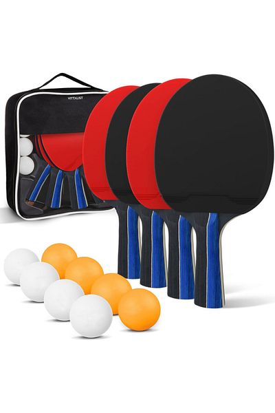 Vittalist Set complet de ping-pong VITTALIST, 4 palete de tenis de masă, 8 mingi și geantă de transport, albastru și negru
