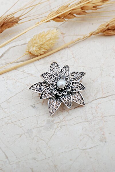 Sümer Telkari İncili Lotus Telkari Elişi Gümüş Broş 360