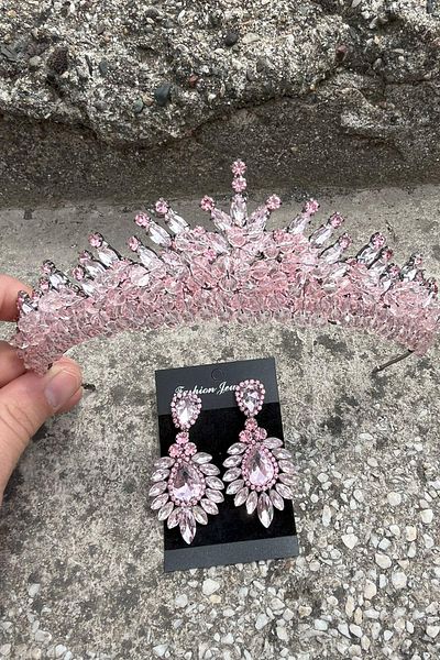 Hobigram Alyce Pink Bridal Henna Crown Special Occasion Accessory Women's Crown and Wide Shuttle Earrings Set