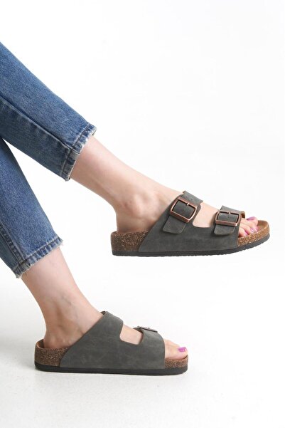 bronze ayakkabı Haki Unisex Terlik Çift Tokalı Mantar Taban Günlük Rahat Terlik