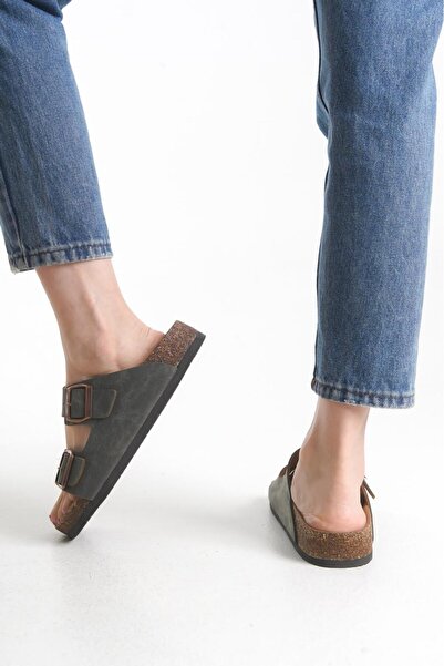 bronze ayakkabı Haki Unisex Terlik Çift Tokalı Mantar Taban Günlük Rahat Terlik