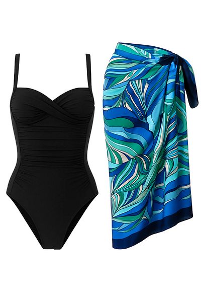 CUPSEA Women's Gathering Draped Swimsuit Sea Blue Does Not Show Underwear Pareo Set of 2 Stylish and Slimming Effect