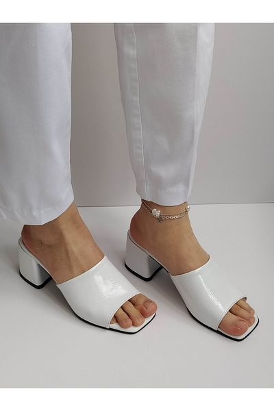 ERS Air Comfort Women's White Patent Leather Genuine Leather Heeled Stylish Slippers Daily