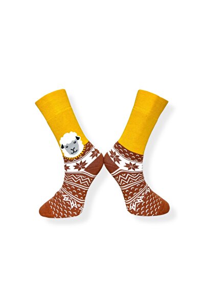 Mevo Single Unisex Flexible Sheep Patterned Yellow and Brown Colored Breathable Towel Socks
