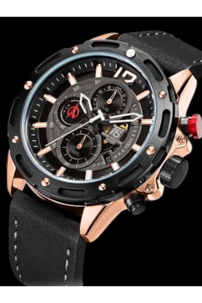 T5 Saat T5 Men's Wrist Watch - Black Leather Strap, Chronograph & Calendar, Waterproof Design