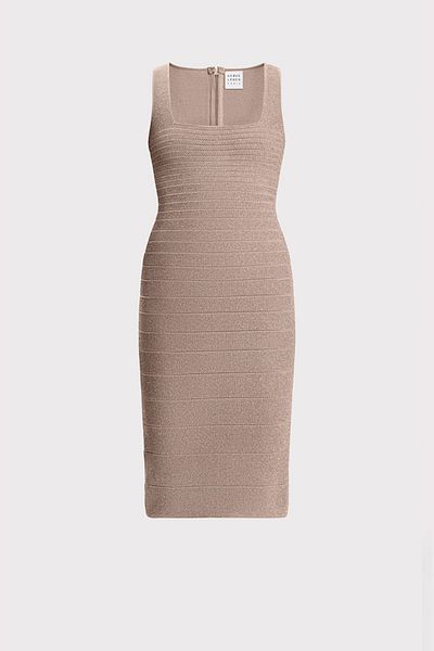 Herve Leger ROCHIE MIDI CU LUREX TEXTURAT ȘI GUT PĂTRAT - HERVE LEGER - CREM, M