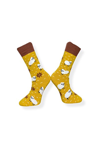 Mevo Single Unisex Flexible Sheep Patterned Yellow and Brown Colored Breathable Towel Socks