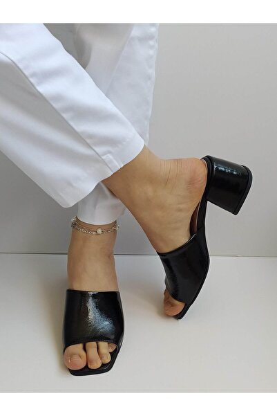 ERS Air Comfort Women's Black Patent Leather Genuine Leather Heeled Stylish Slippers Daily