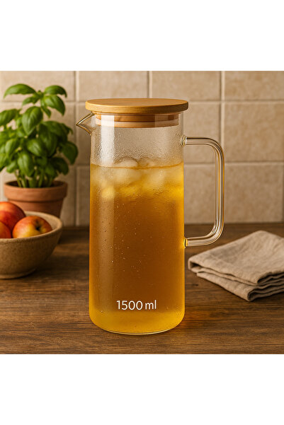 BLUE SİDE 1500 Ml Isıya Dayanıklı Bambu Kapaklı Sürahi Meşrubat Sürahisi MUtfak Sürahisi