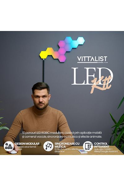 Vittalist Rgbic Smart Led Kit With 10 Panels Wifi Bluetooth Compatible With Ios, Android, Alexa, Google, Tuya