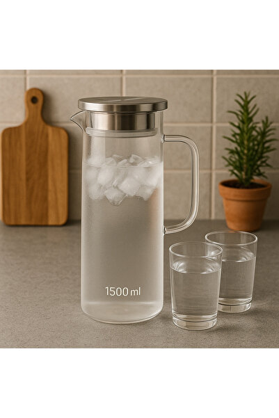 BLUE SİDE 1200 Ml Isıya Dayanıklı Paslanmaz Çelik Kapaklı Borosilikat Cam Sürahi Mutfak Sürahisi