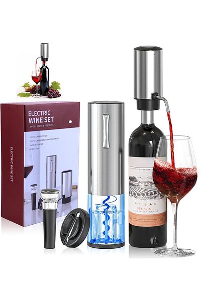 Vittalist Rechargeable Electric Corkscrew, Foil Cutter Accessory, Aerator, Vacuum Pump Stopper, Gray