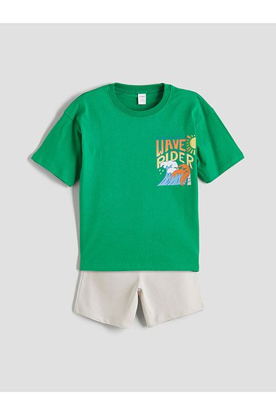 LC Waikiki Vibrant Green Printed Boys' T-Shirt and Shorts 2-Piece Set