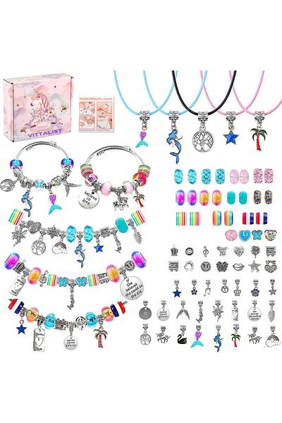 Vittalist Charm Bracelets And Charms Kit, Adjustable Jewelries With Chain, Beads, Necklaces, 73 Pieces, Pink