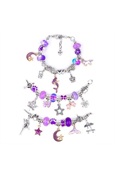 Vittalist Charm Bracelets and Charms Kit, Adjustable Jewelries with Chain, Beads, Necklaces, 60 Pieces, Purple
