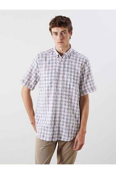 LC Waikiki Navy Blue Regular Fit Short Sleeve Plaid Dobby Men's Shirt