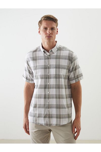 LC Waikiki Blue Regular Fit Short Sleeve Plaid Gabardine Men's Shirt