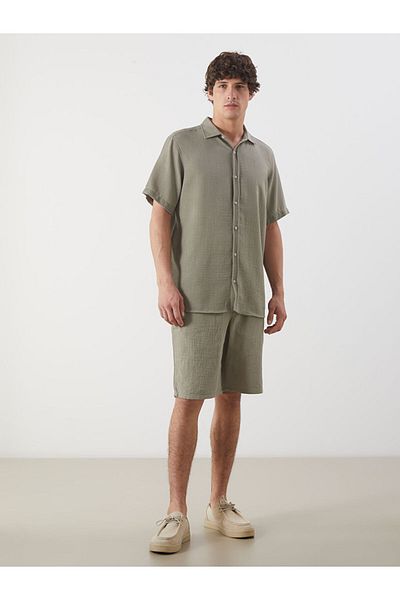 LC Waikiki Green Slim Fit Short Sleeve Linen Look Men's Shirt