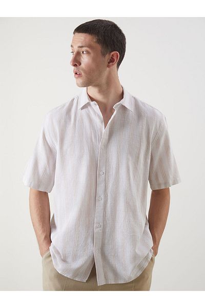 LC Waikiki Beige Regular Fit Short Sleeve Striped Men's Shirt