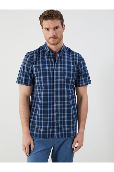 LC Waikiki Navy Blue Regular Fit Short Sleeve Plaid Poplin Men's Shirt