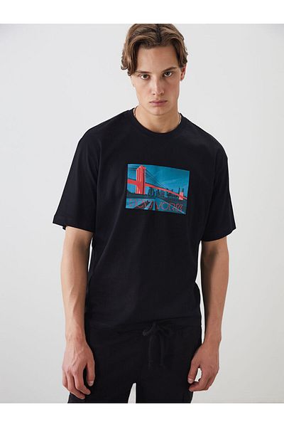 LC Waikiki Xside Black Crew Neck New York Printed Combed Cotton Men's T-Shirt