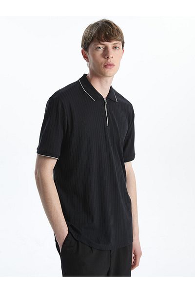 LC Waikiki New Black Polo Neck Men's Textured T-Shirt