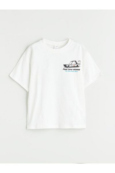 LC Waikiki Ecru Crew Neck Printed Boy's T-Shirt